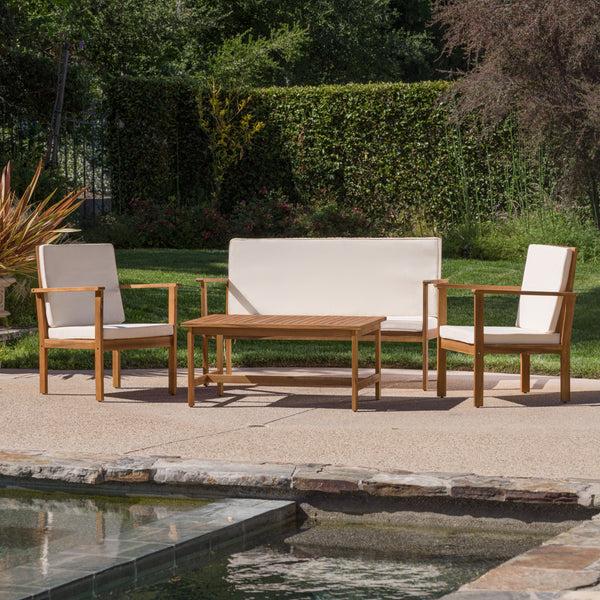 Gdf Studio Luciano Outdoor Acacia Wood Chat Set W/ Water Resistant Cushions