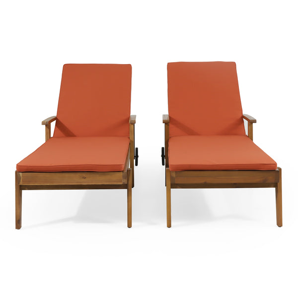 gdf studio Lucknow Outdoor Acacia Wood Chaise Lounge with Water Resistant Cushion Set of 2