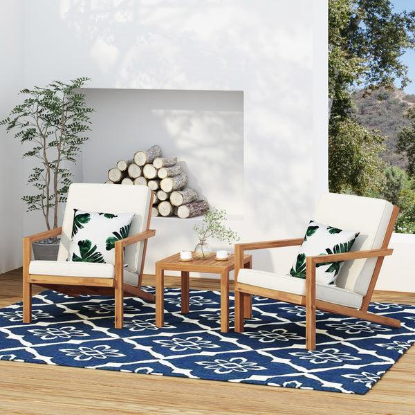gdf studio Ludwig Outdoor Acacia Wood 3 Piece Chat Set with Cushions