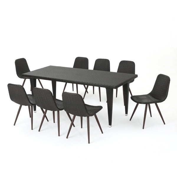 gdf studio Luka Outdoor 9 Piece Multi-brown Wicker 73.5 Inch Rectangular Dining Set