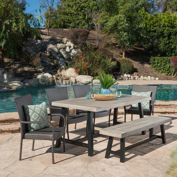 Gdf Studio Luminous Outdoor 6 Piece Stacking Wicker Dining Set With Acacia Wood Table And Bench
