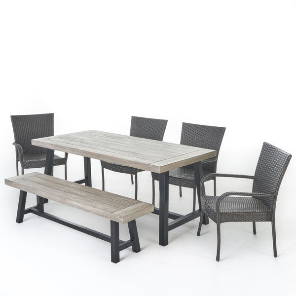 gdf studio Luminous Outdoor 6 Piece Stacking Wicker Dining Set with Acacia Wood Table and Bench