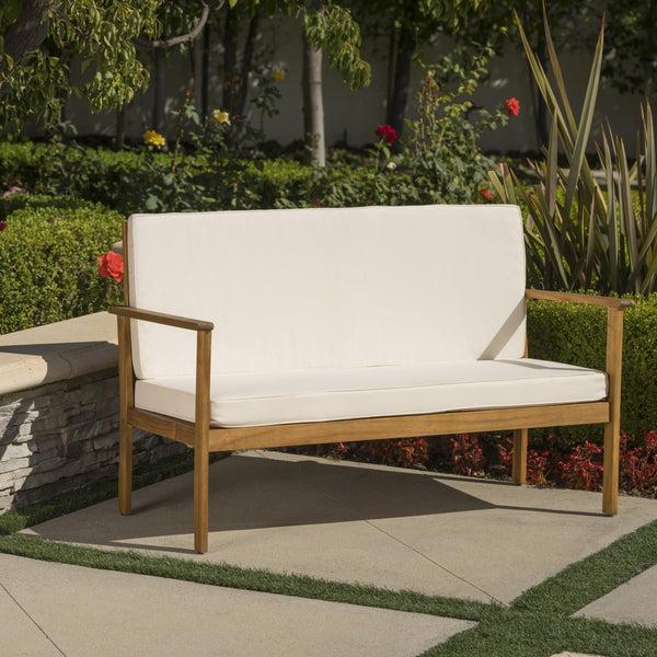 Gdf Studio Luna Outdoor Finished Acacia Wood Bench With Water Resistant Fabric Cushion