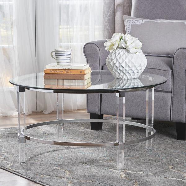 Gdf Studio Lynn Modern Round Tempered Glass Coffee Table With Acrylic And Iron Accents