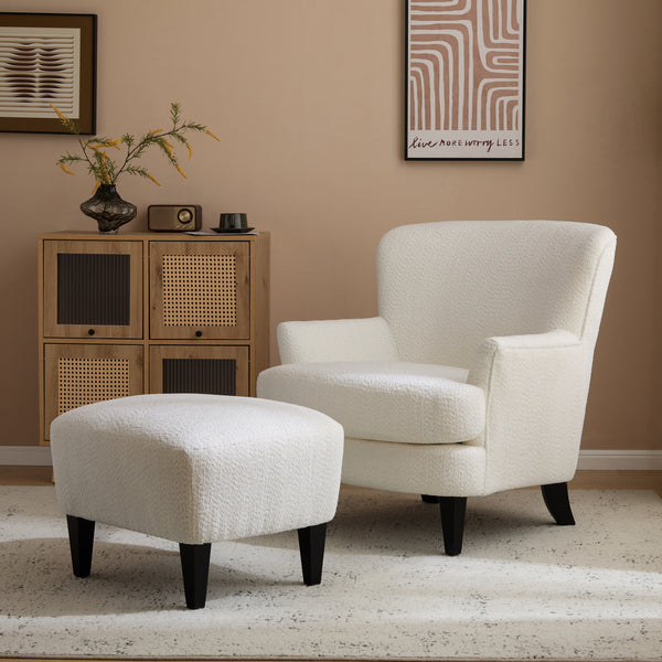 gdf studio Lyrae Modern Birch Upholstered Club Chair with Ottoman Off-White