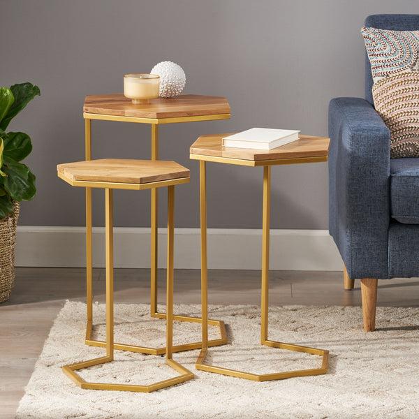 Gdf Studio Mableton Boho Glam Handcrafted Hexagon C-Shaped Nesting Tables (Set Of 3)