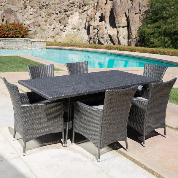 Gdf Studio Macalla Outdoor 7-Piece Gray Wicker Dining Set With Light Gray Cushions