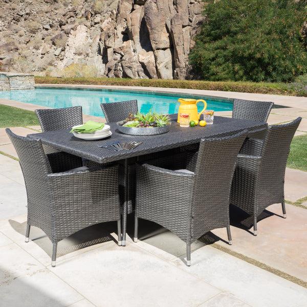 Gdf Studio Macalla Outdoor 7-Piece Gray Wicker Dining Set With Light Gray Cushions
