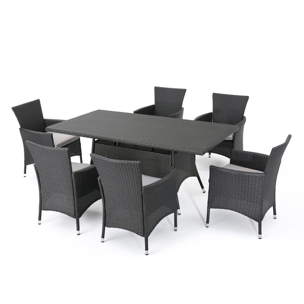 gdf studio Macalla Outdoor 7-Piece Gray Wicker Dining Set with Light Gray Cushions