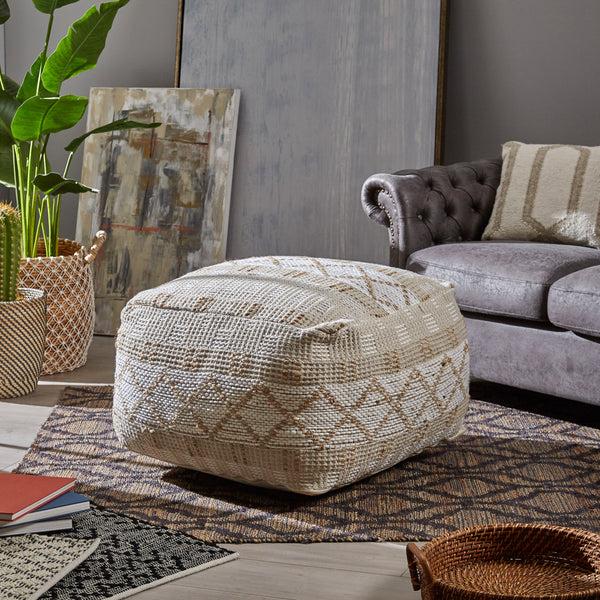 Gdf Studio Mag Large Square Casual Pouf Boho Ivory Chindi And Hemp