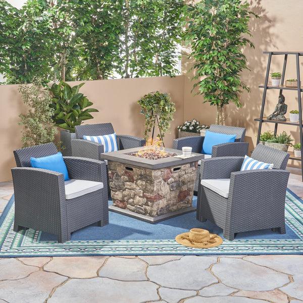 gdf studio Maggie Outdoor 4-Seater Wicker Print Club Chair Chat Set With Fire Pit