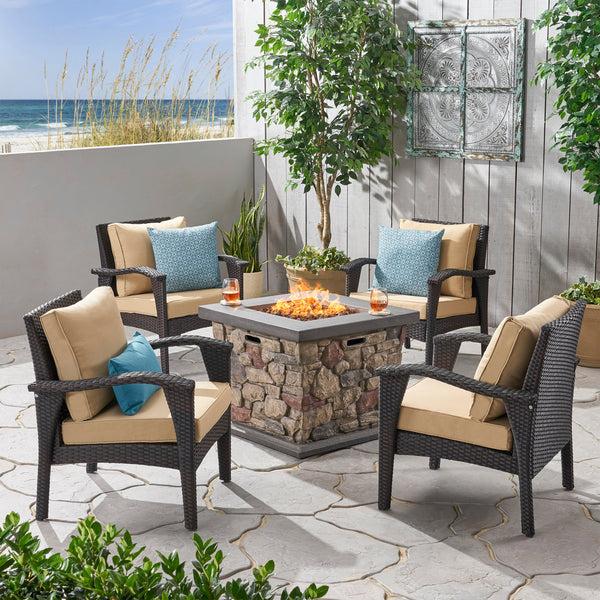 Gdf Studio Makenah Outdoor 4 Club Chair Chat Set With Fire Pit
