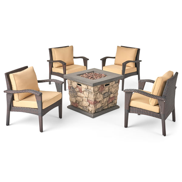 gdf studio Makenah Outdoor 4 Club Chair Chat Set with Fire Pit