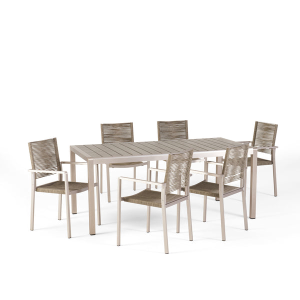 Gdf Studio Makyla Outdoor Modern 6 Seater Aluminum Dining Set With Faux Wood Table Top