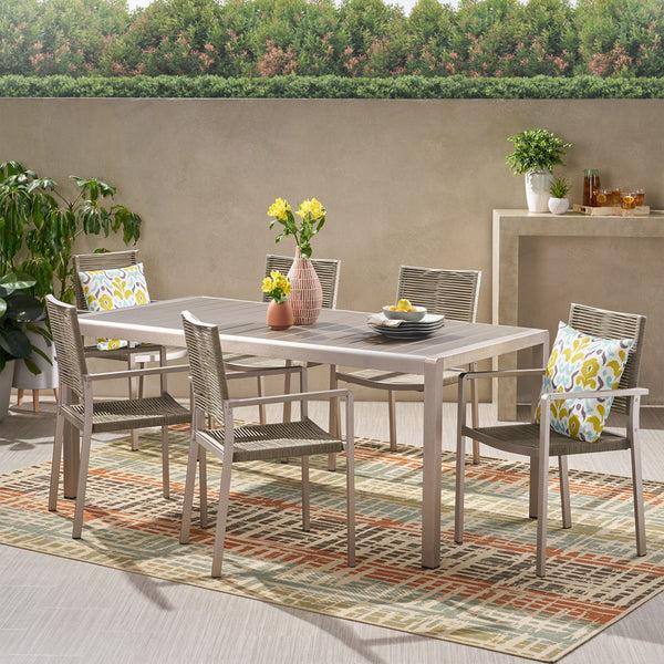 gdf studio Makyla Outdoor Modern 6 Seater Aluminum Dining Set with Faux Wood Table Top