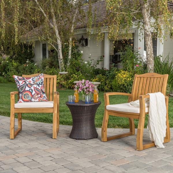 Gdf Studio Malibu Outdoor Acacia Wood 3 Piece Chat Set With Wicker Table