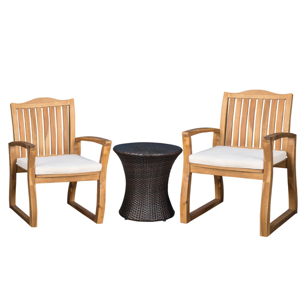 gdf studio Malibu Outdoor Acacia Wood 3 Piece Chat Set with Wicker Table