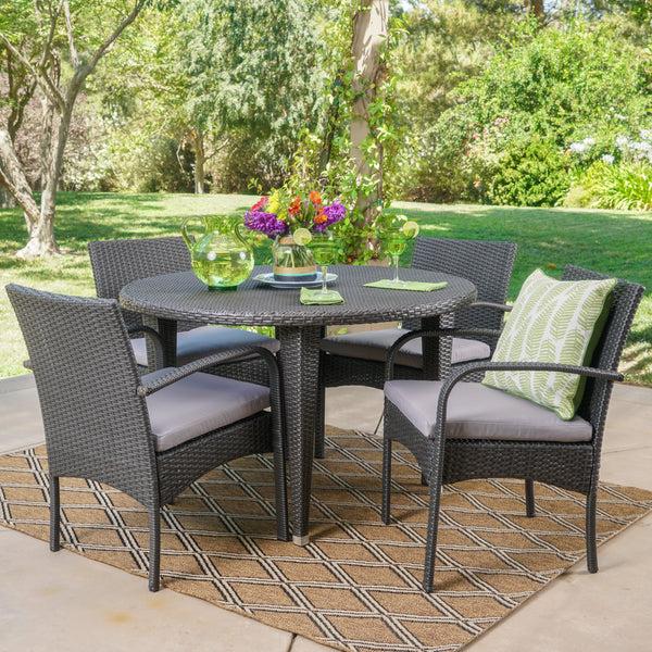 Gdf Studio Maloa Outdoor 5 Piece Wicker Circular Dining Set With Water Resistant Cushions