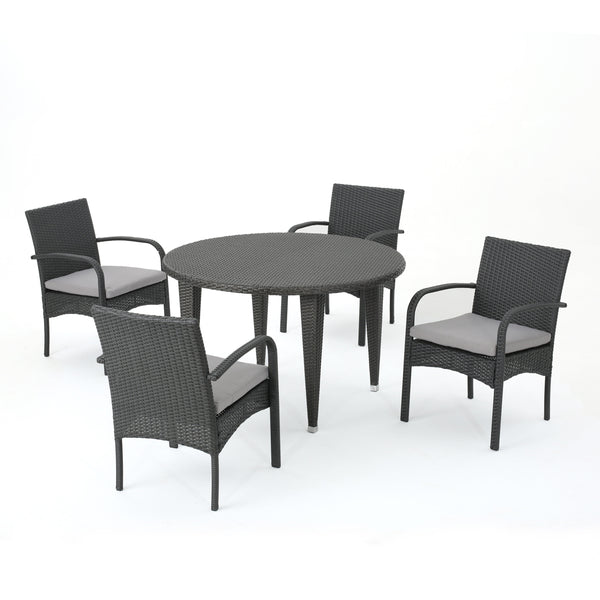 gdf studio Maloa Outdoor 5 Piece Wicker Circular Dining Set with Water Resistant Cushions