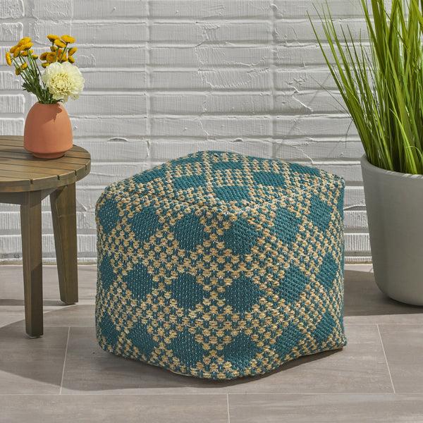 Gdf Studio Mamie Boho Diamond Pattern Teal And Beige Yarn Cube Pouf