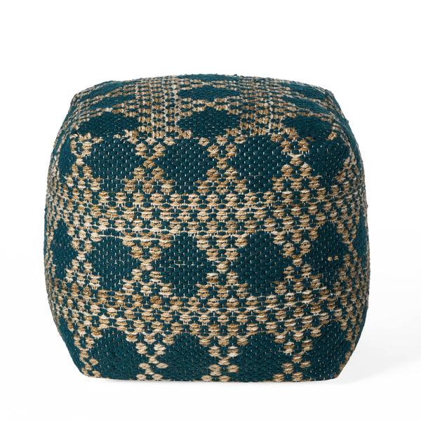 gdf studio Mamie Boho Diamond Pattern Teal and Beige Yarn Cube Pouf