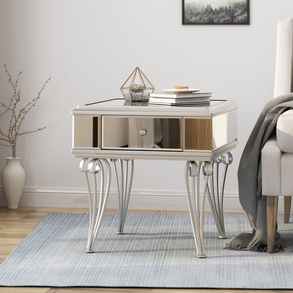 Gdf Studio Mamie Modern Mirrored Accent Table With Drawer Tempered Glass