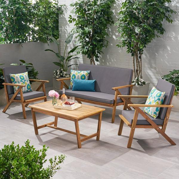 Gdf Studio Manarola 4 Pc Outdoor Natural Wood Finish Chat Set W/ Water Resistant Cushion