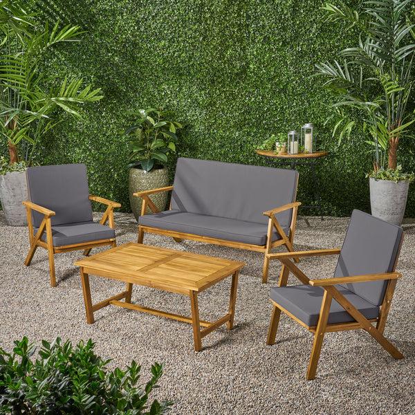 Gdf Studio Manarola 4 Pc Outdoor Natural Wood Finish Chat Set W/ Water Resistant Cushion