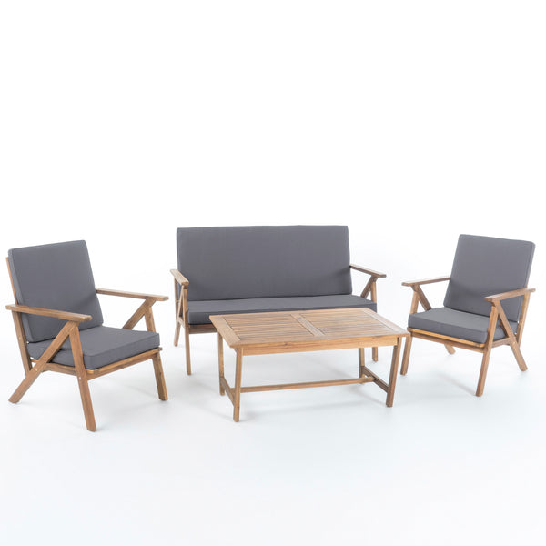 gdf studio Manarola 4 Pc Outdoor Natural Wood Finish Chat Set w/ Water Resistant Cushion