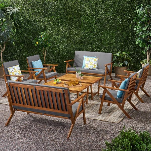 Gdf Studio Manarola Outdoor 8 Seater Acacia Wood Chat Set With Coffee Table