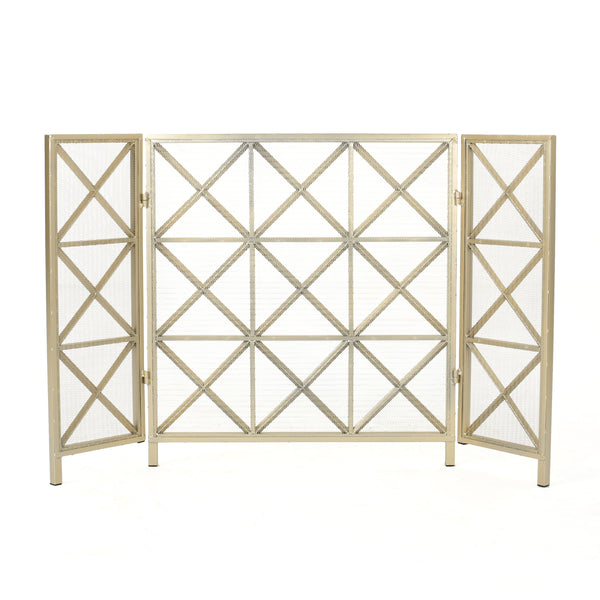 Gdf Studio Mandralla Modern 3-Panel Iron Fireplace Screen With Cross Hatch Pattern