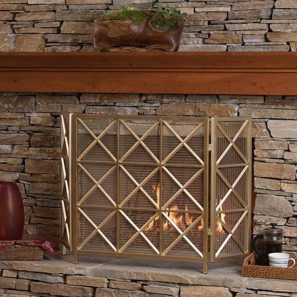 gdf studio Mandralla Modern 3-Panel Iron Fireplace Screen with Cross Hatch Pattern