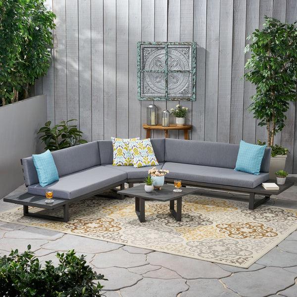 Gdf Studio Manna Outdoor Acacia Wood 5 Seater Sectional Sofa Set With Water-Resistant Cushions