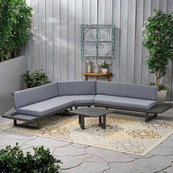 Gdf Studio Manna Outdoor Acacia Wood 5 Seater Sectional Sofa Set With Water-Resistant Cushions