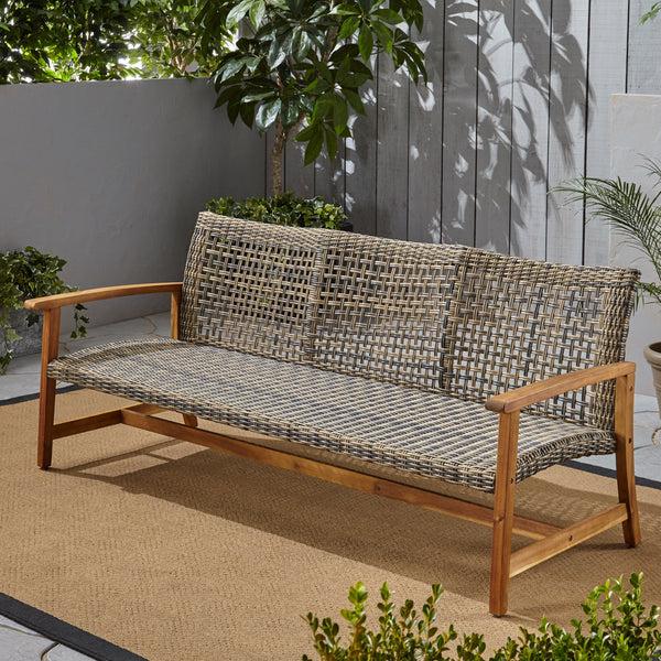 Gdf Studio Marcia Outdoor 3-Seater Wicker Weave Sofa With Acacia Wood Frame