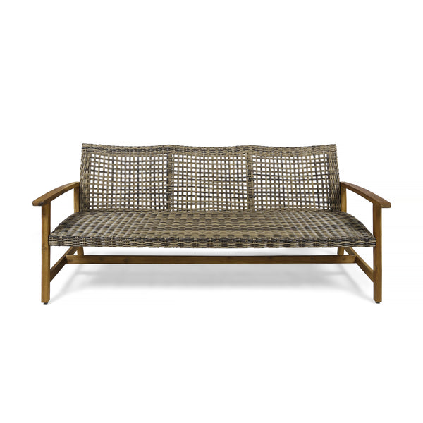 gdf studio Marcia Outdoor 3-Seater Wicker Weave Sofa with Acacia Wood Frame