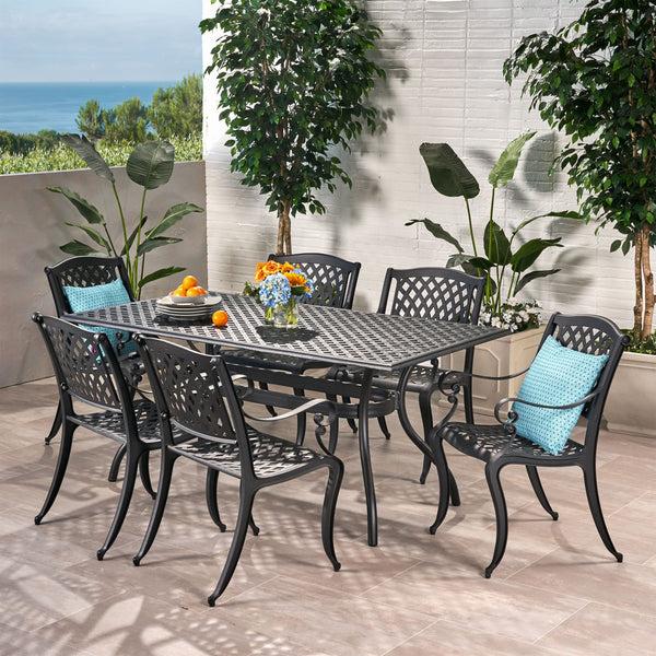 Gdf Studio Marietta 7-piece Black Cast Aluminum Outdoor Dining Set