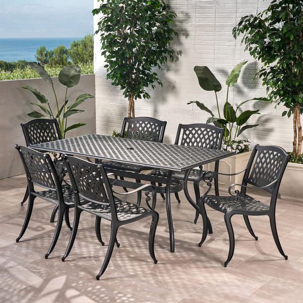 Gdf Studio Marietta 7-piece Black Cast Aluminum Outdoor Dining Set