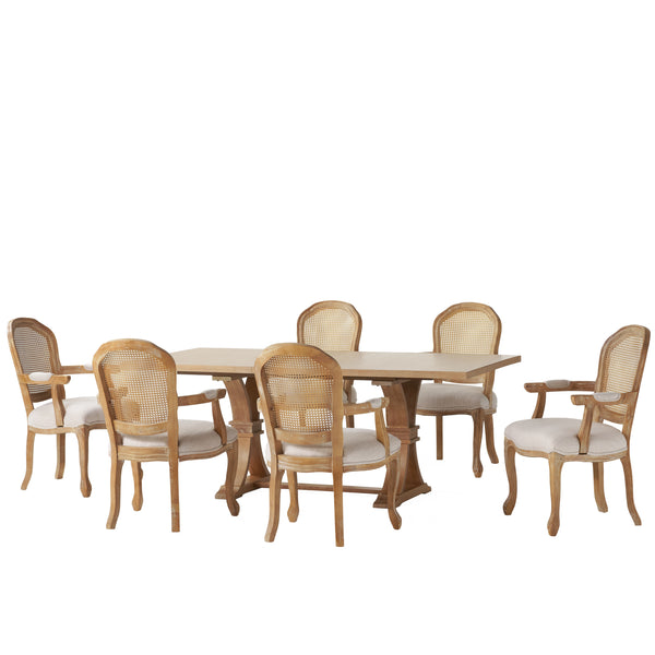 Gdf Studio Mariette French Country Fabric Upholstered Wood And Cane 7 Piece Expandable Dining Set