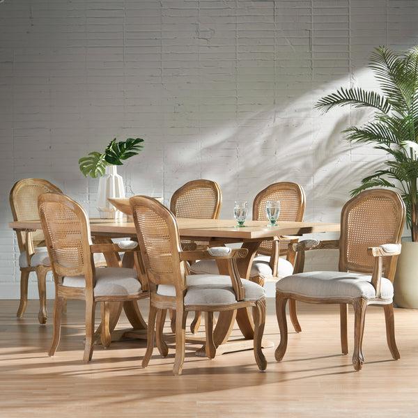 gdf studio Mariette French Country Fabric Upholstered Wood and Cane 7 Piece Expandable Dining Set
