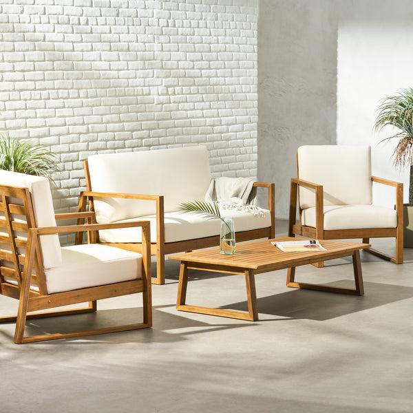 Gdf Studio Marlee Outdoor Acacia Wood 4 Seater Chat Set With Coffee Table