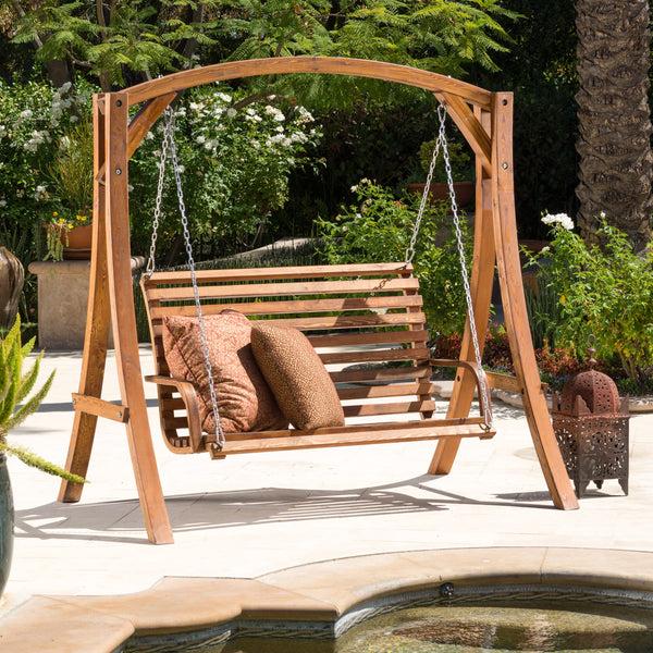 Gdf Studio Marlette Outdoor Wood Swinging Bench And Base