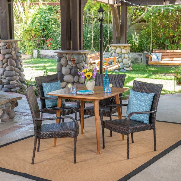 gdf studio Marsh Outdoor 5 Piece Wood and Wicker Dining Set Teak and Multi Brown