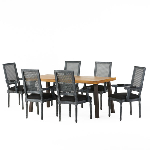 Gdf Studio Marten Farmhouse Fabric Upholstered Wood And Cane 7 Piece Dining Set