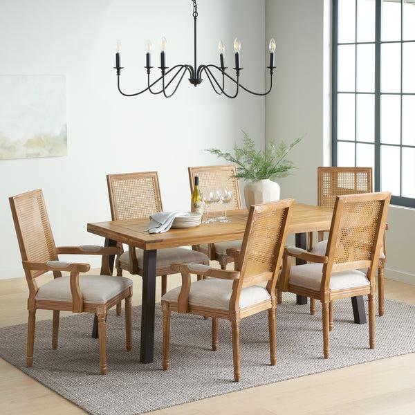 gdf studio Marten Farmhouse Fabric Upholstered Wood and Cane 7 Piece Dining Set