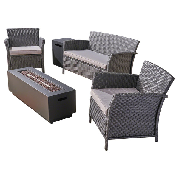 gdf studio Mason Outdoor 4 Seater Wicker Chat Set with Fire Pit