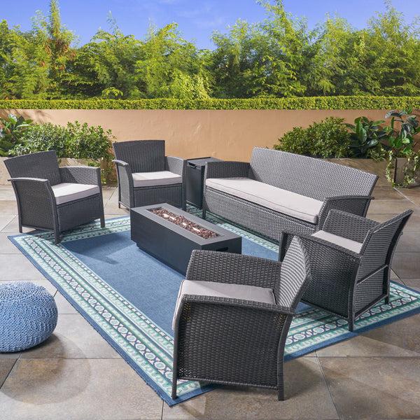 Gdf Studio Mason Outdoor 7 Seater Wicker Chat Set With Fire Pit Gray And Silver And Dark Gray