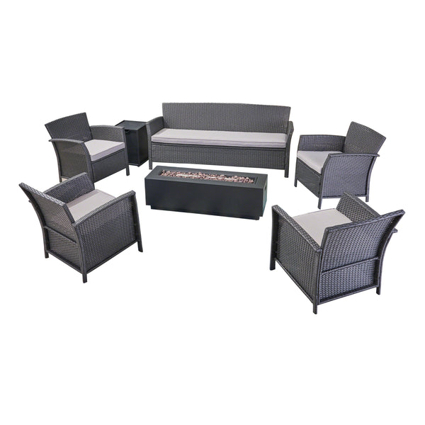 gdf studio Mason Outdoor 7 Seater Wicker Chat Set with Fire Pit Gray and Silver and Dark Gray