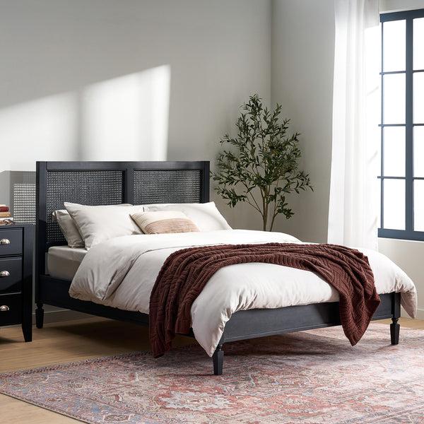 Gdf Studio Mathena Rustic Acacia Wood And Rattan Queen Bed Dark Gray