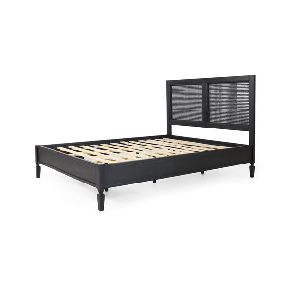 gdf studio Mathena Rustic Acacia Wood and Rattan Queen Bed Dark Gray